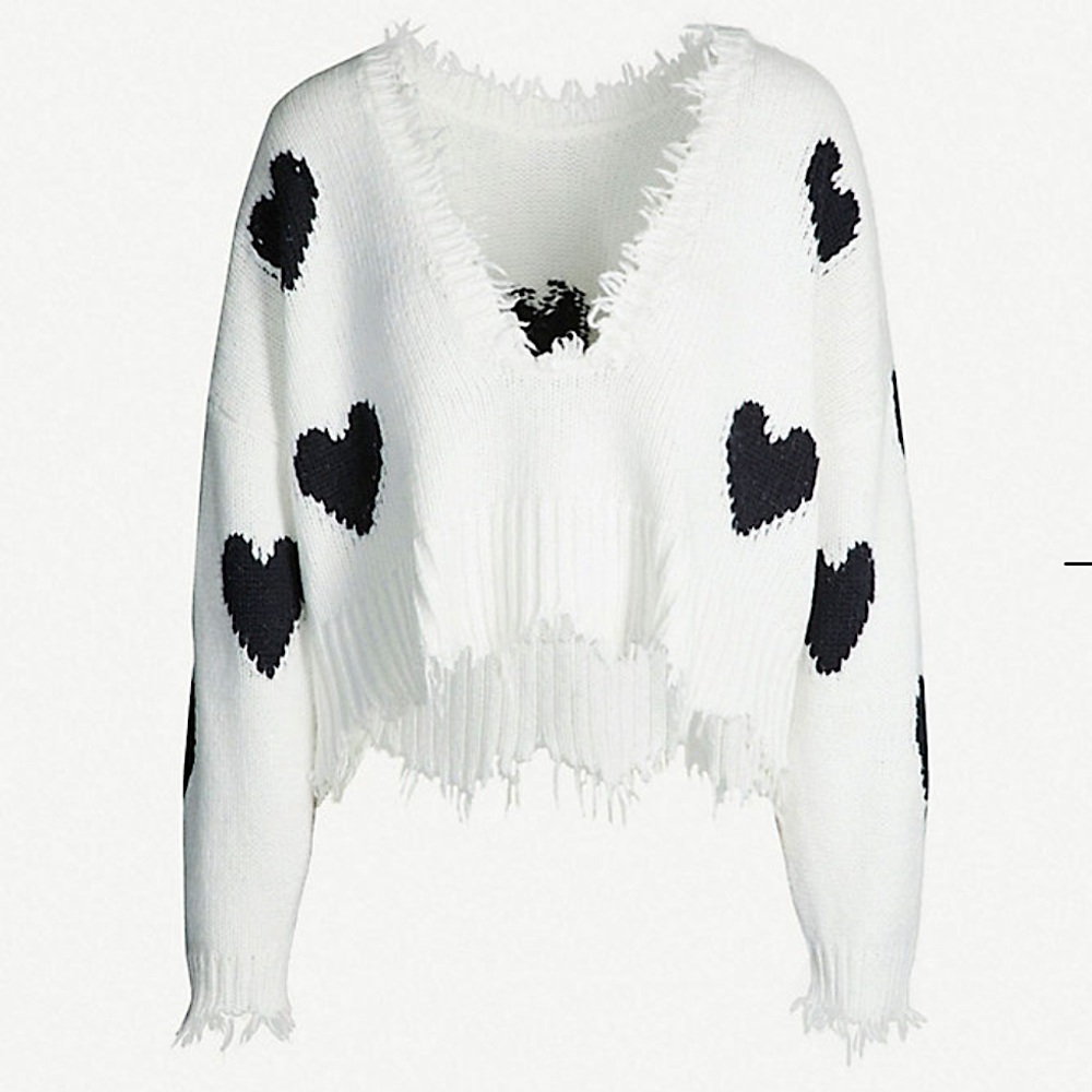 NWT WILDFOX white black heart distressed sweater